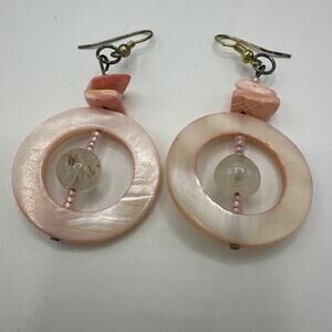 Dangle Drop Earrings Round Gemstone Light Pink Beaded Costume Jewelry Boho 1.5"